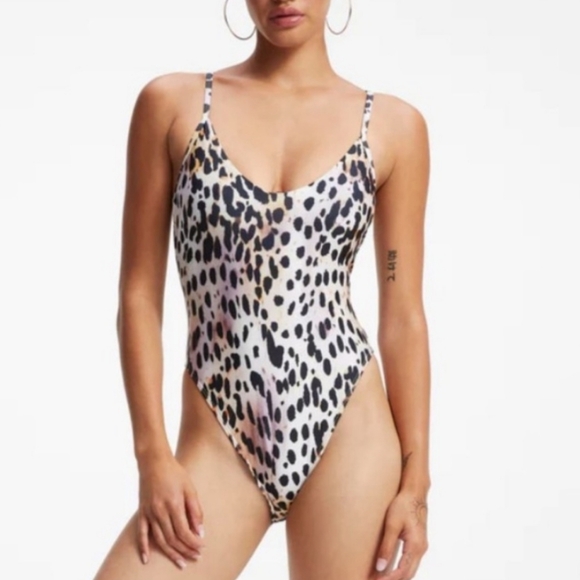 GOOD AMERICAN Always Fits Satin Swimsuit Rose Cheetah Print One-Piece Swimsuit - Picture 1 of 8